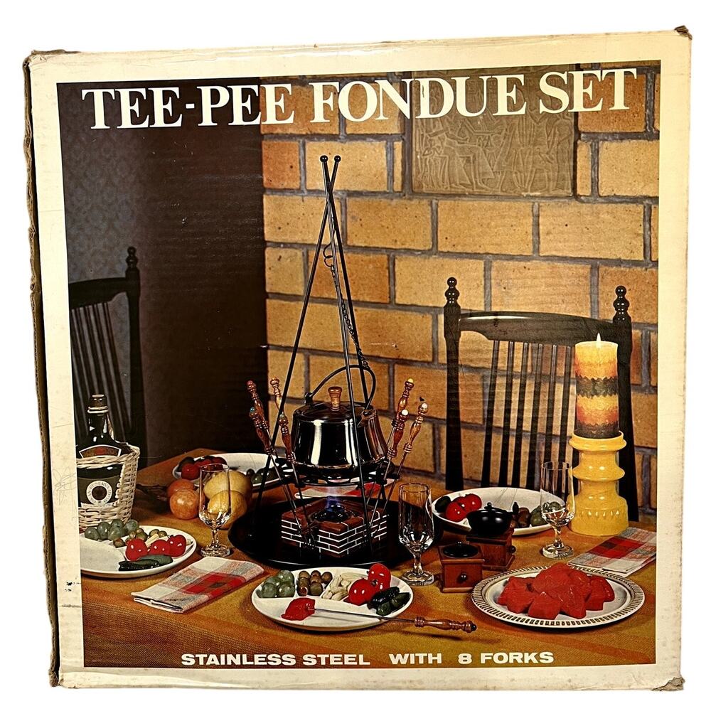 Vintage 1970 Tee-Pee FONDUE Set Stainless Steel with 8 Forks Original Box Japan